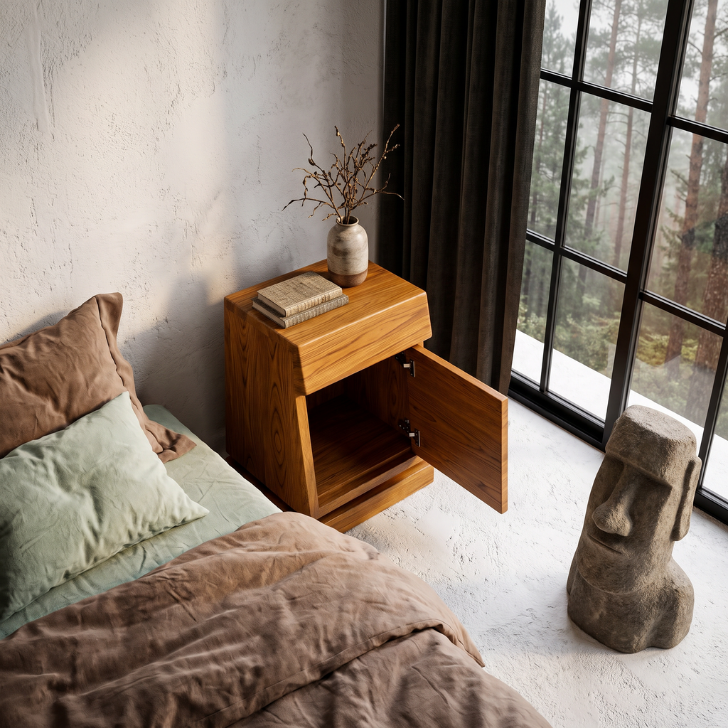 Rustic Solid Wood Bedside Table With Geometric Wooden Door