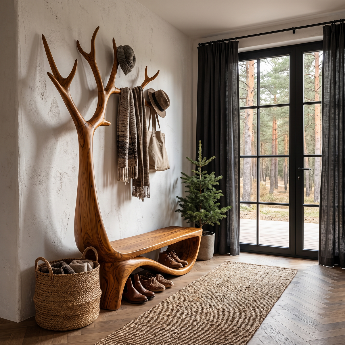 Organic Tree Shoe Bench Wall Mounted Coat Rack Storage For Entryway Hallway