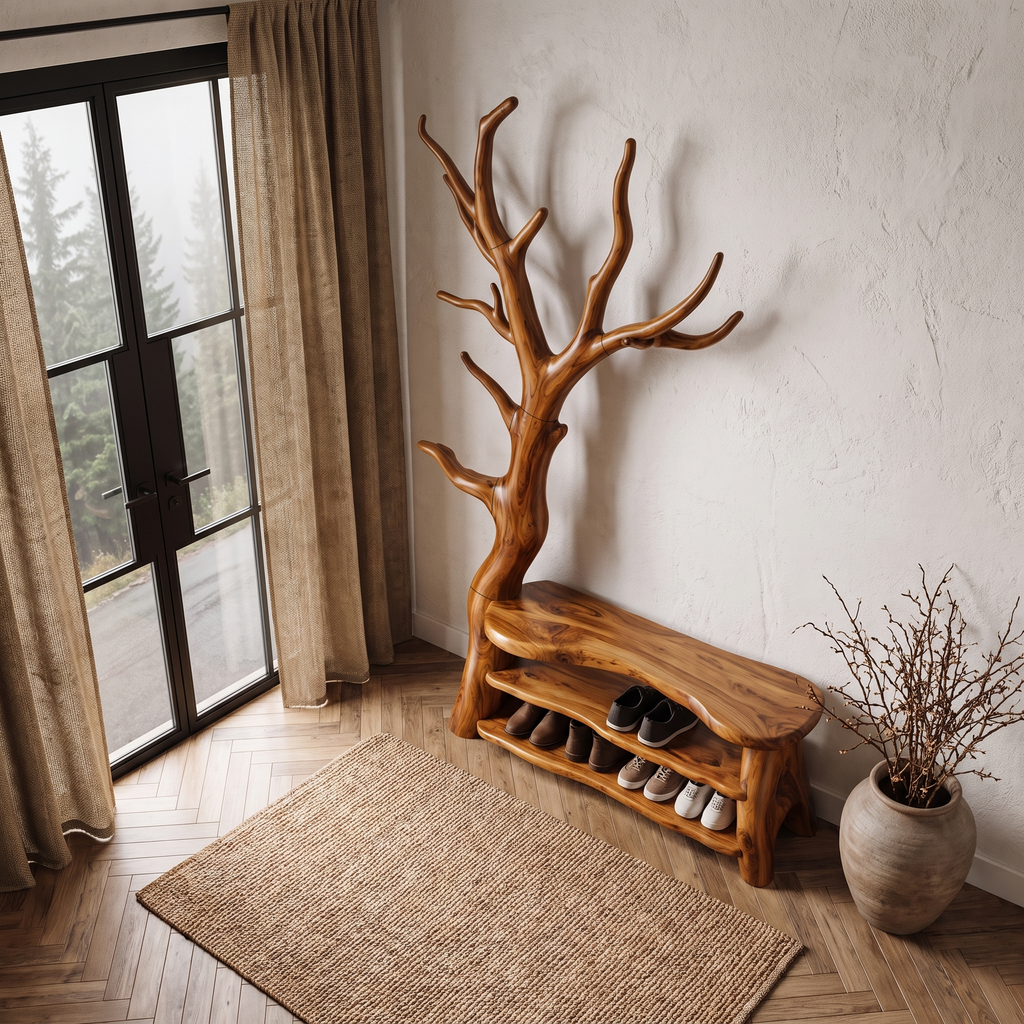 Sculptural Tree Shoe Bench Coat Rack Storage For Entryway Hallway