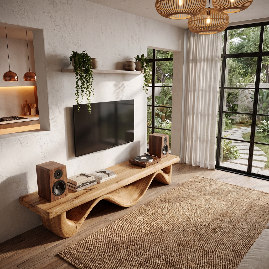 Organic Open Loop TV Cabinet Solid Wood Media Console For Living Room