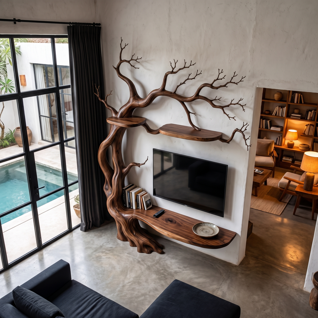 Organic Wall Mounted TV Stand With Sculptural Tree Branch Design For Living Room