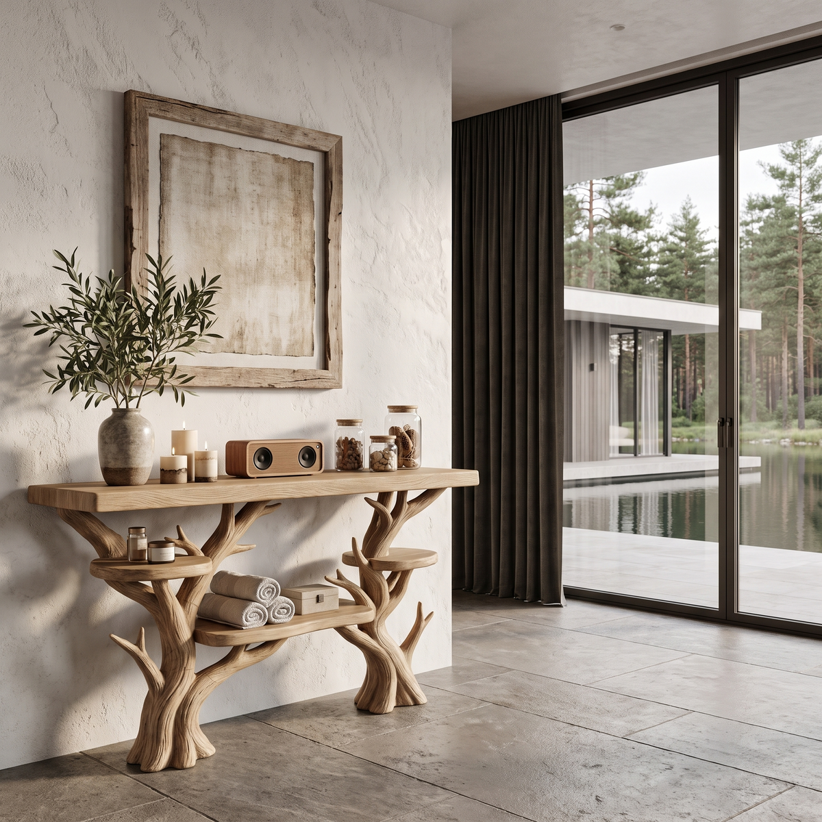Rustic Sculptural Console Table For Entryway And Living Room