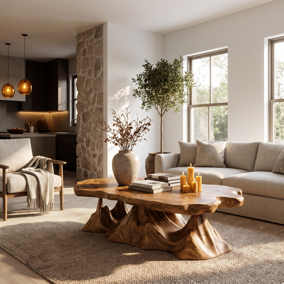 Rustic Coffee Table With Sculptural Wave Base For Living Room