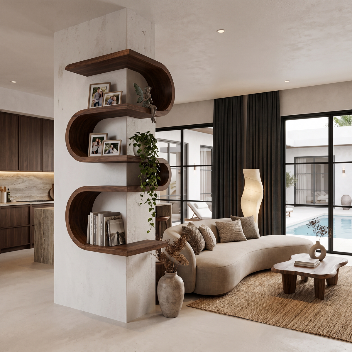 Sculptural Corner Wall Bookshelf Handcrafted Curved Design For Living Room