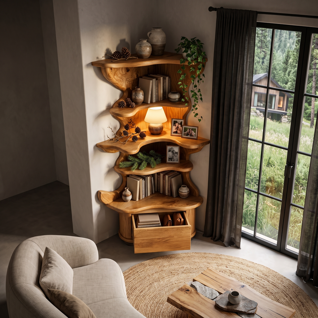 Modern Corner Bookshelf With Drawer Storage For Living Room
