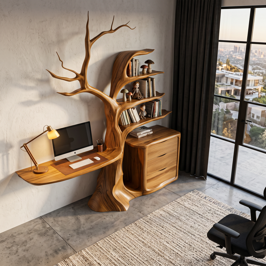 Natural Floating Desk With Sculptural Tree Bookshelf For Home Office