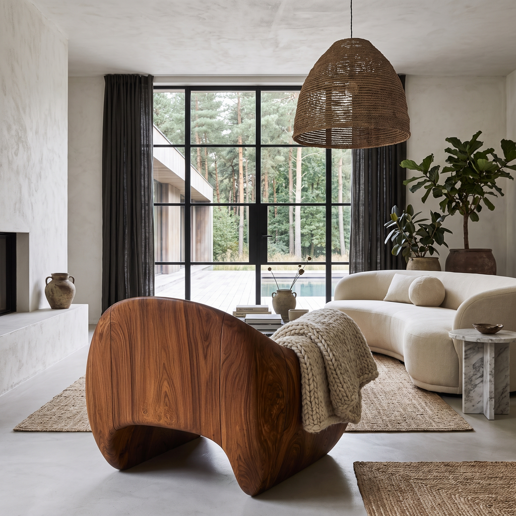 Modern Wooden Accent Chair With Sculptural Curved Frame For Living Room