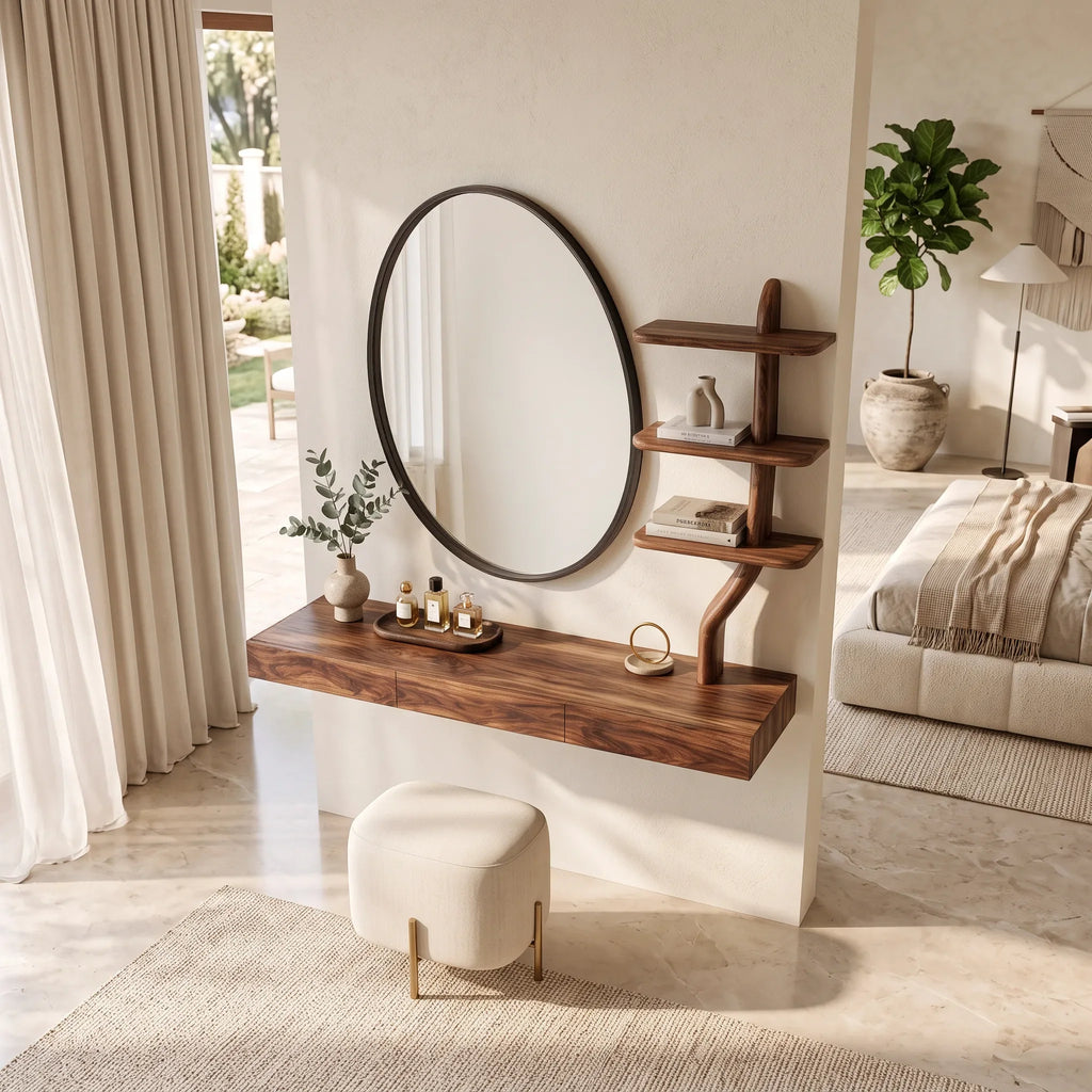 Wall Mounted Makeup Vanity With Tree Form Shelving For Bedroom