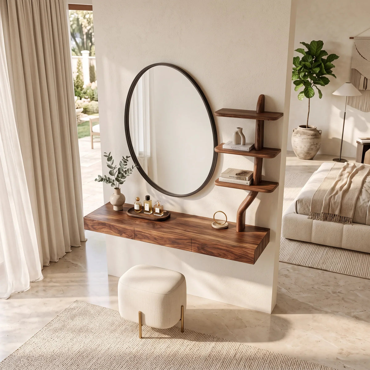 Wall Mounted Makeup Vanity With Tree Form Shelving For Bedroom