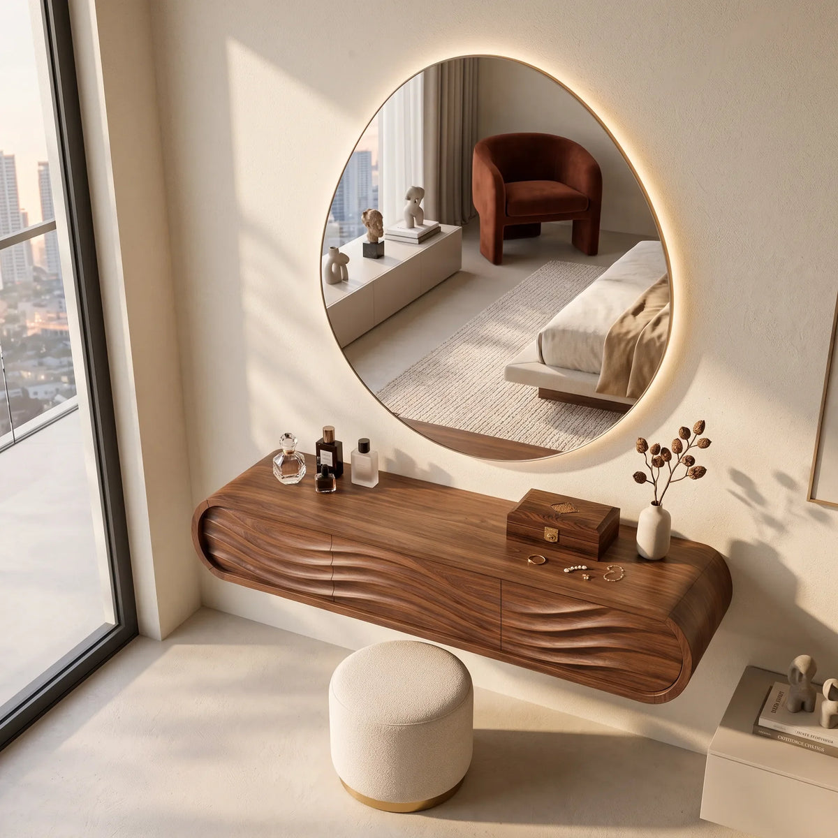 Organic Wall Mounted Makeup Vanity Carved Ribbed Drawers For Bedroom