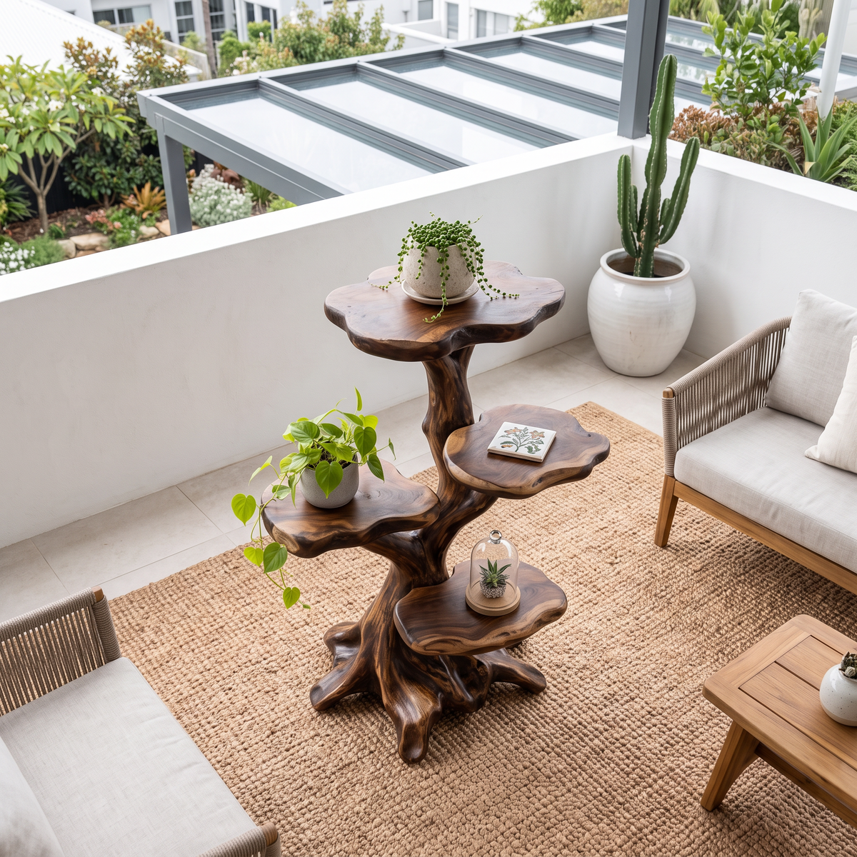 Organic Multi Tier Plant Stand With Sculptural Tree Design For Living Room And Sunroom
