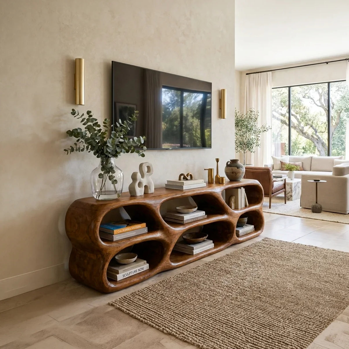 Sculptural TV Stand Rounded Open Shelves For Modern Living Room
