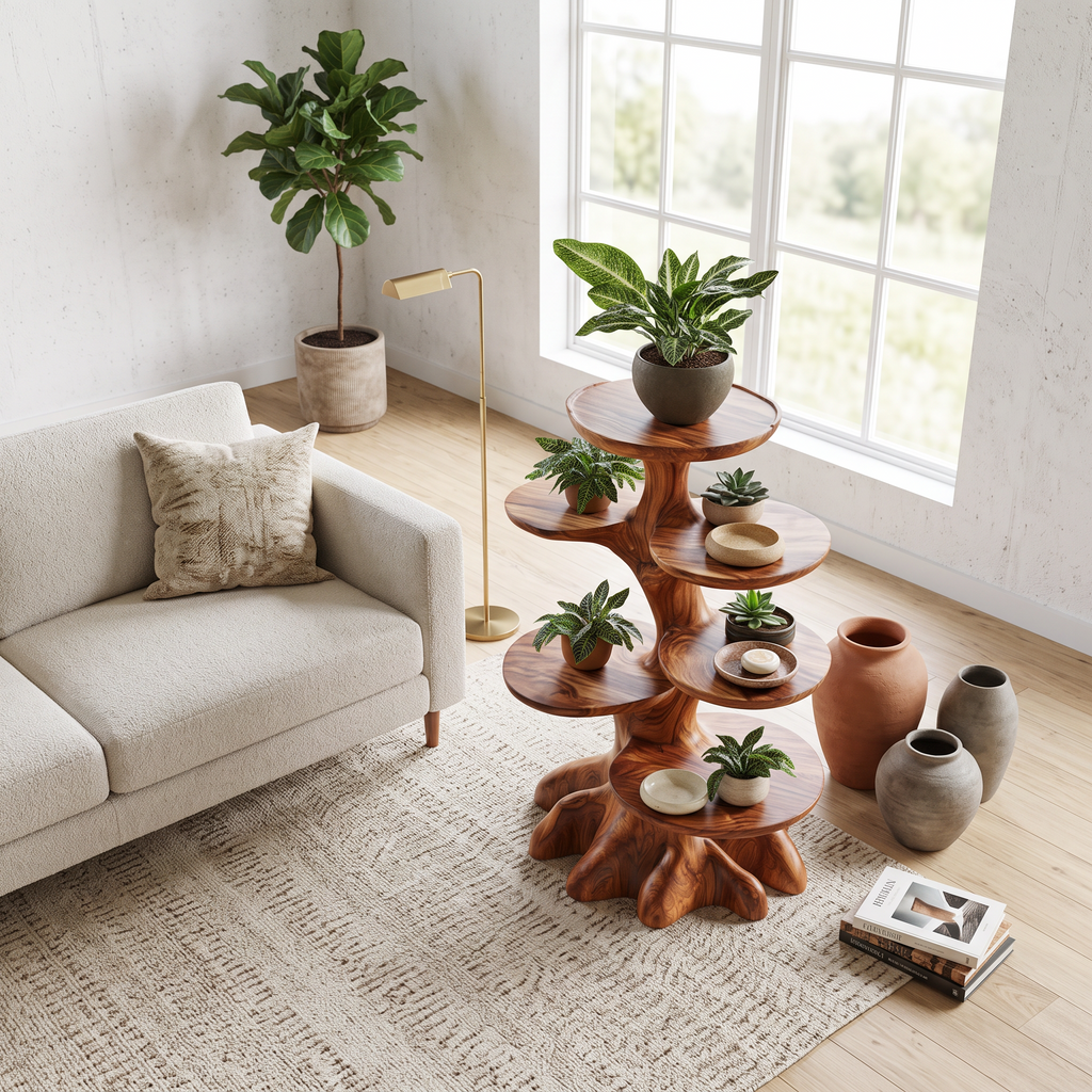 Rustic Indoor Plant Stand With Tree Stump Form For Sunroom And Patio