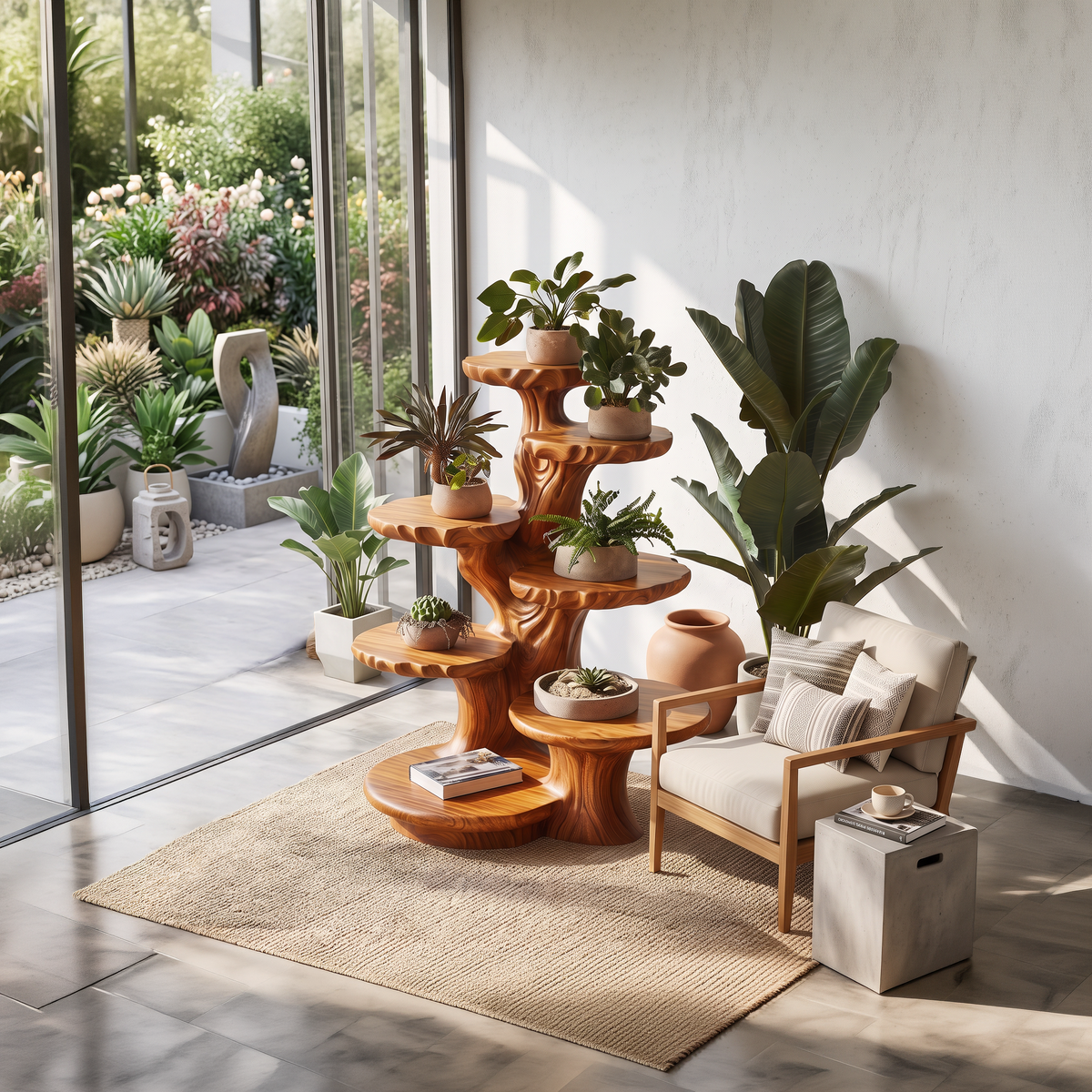 Organic Multi Tier Tree Plant Stand Solid Wood For Living Room