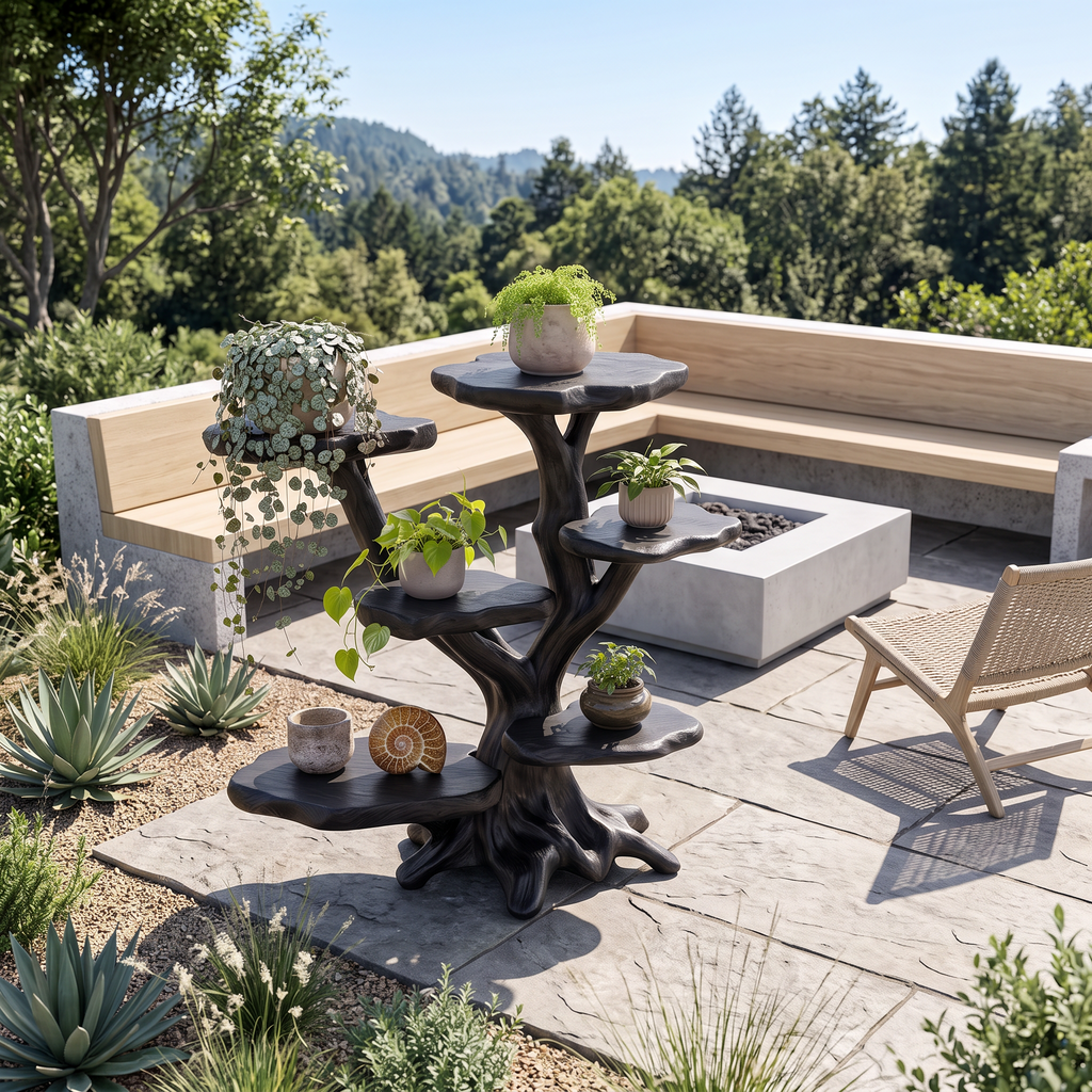 Modern Sculptural Tree Plant Stand Multi Tier Display For Patio Garden