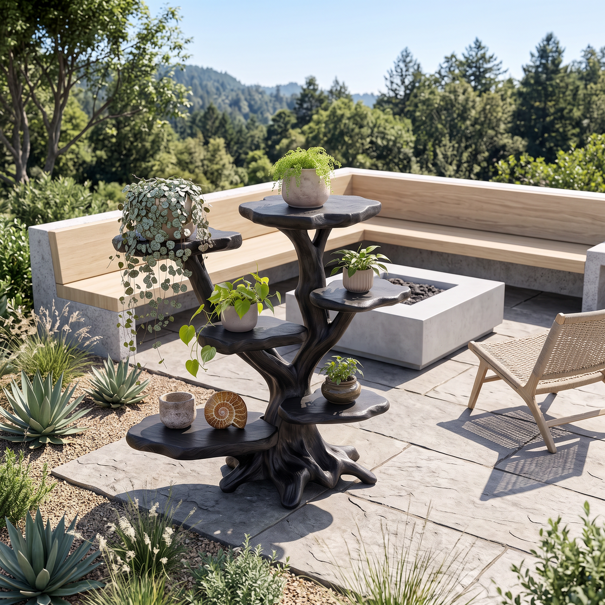 Modern Sculptural Tree Plant Stand Multi Tier Display For Patio Garden