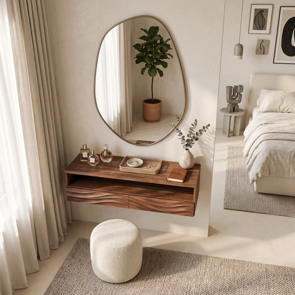Contemporary Wall Mounted Dressing Table Flowing Relief Carved For Bedroom