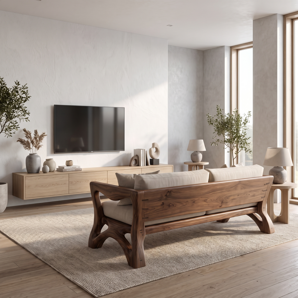 Sculptural Sofa Frame With Solid Wood Armrests For Living Room
