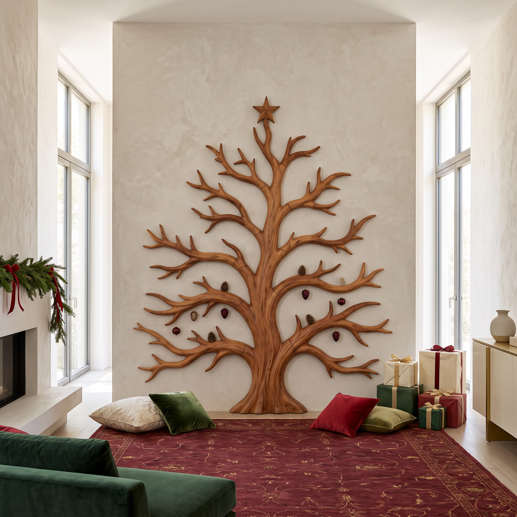 Rustic Christmas Wooden Wall Sculpture With Bare Branch Tree Design For Living Room