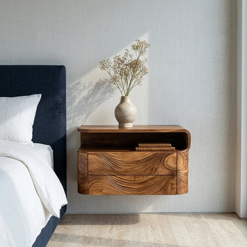 Contemporary Wave Carved Floating Nightstand For Bedroom