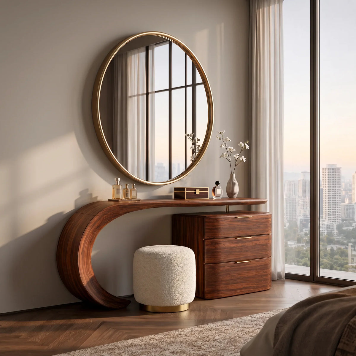 Modern Makeup Vanity Sculptural Curved Base For Luxury Bedroom