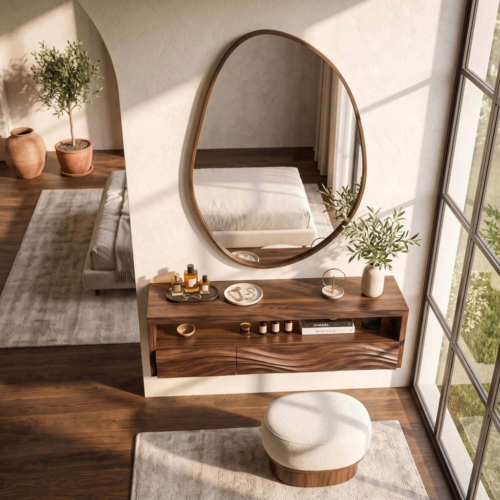 Sculptural Wall Mounted Makeup Vanity Wave Carved Drawers For Bedroom