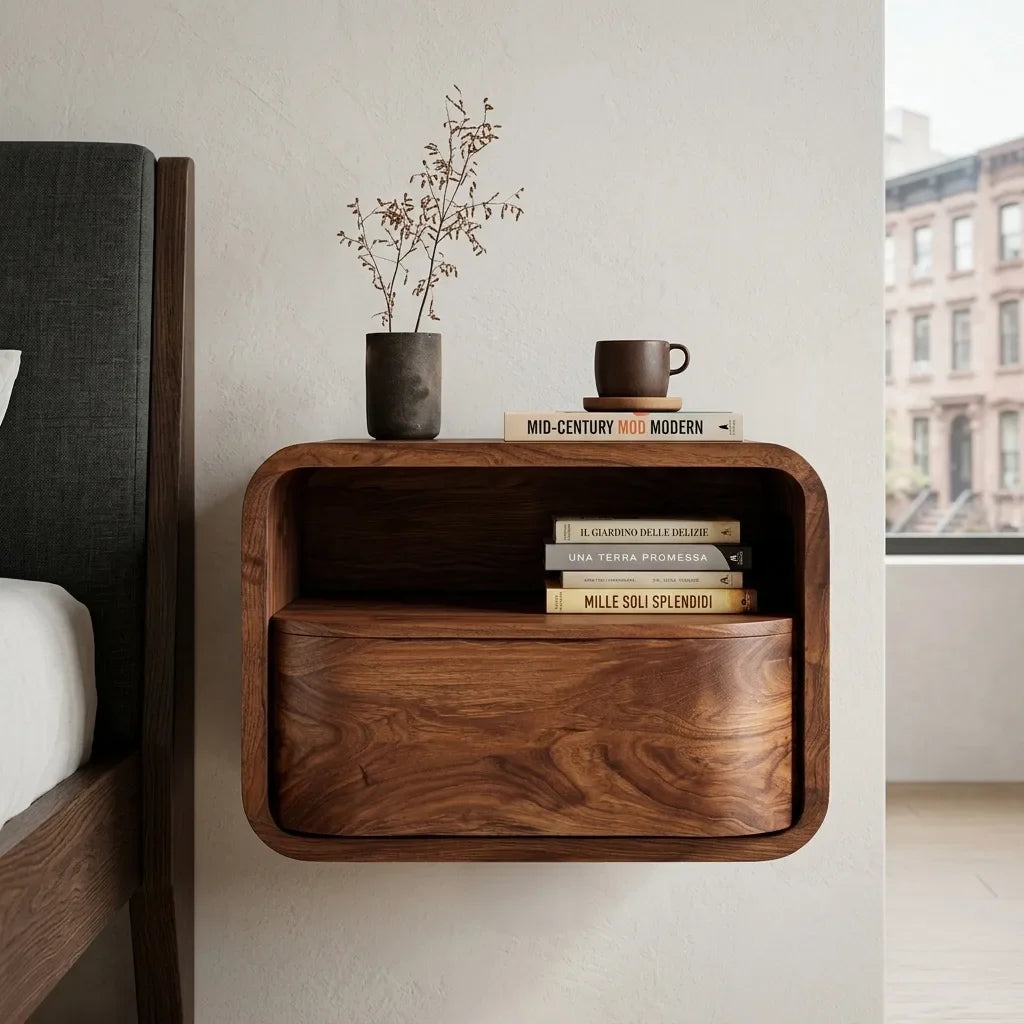 Modern Curved Open Shelf Floating Nightstand For Bedroom