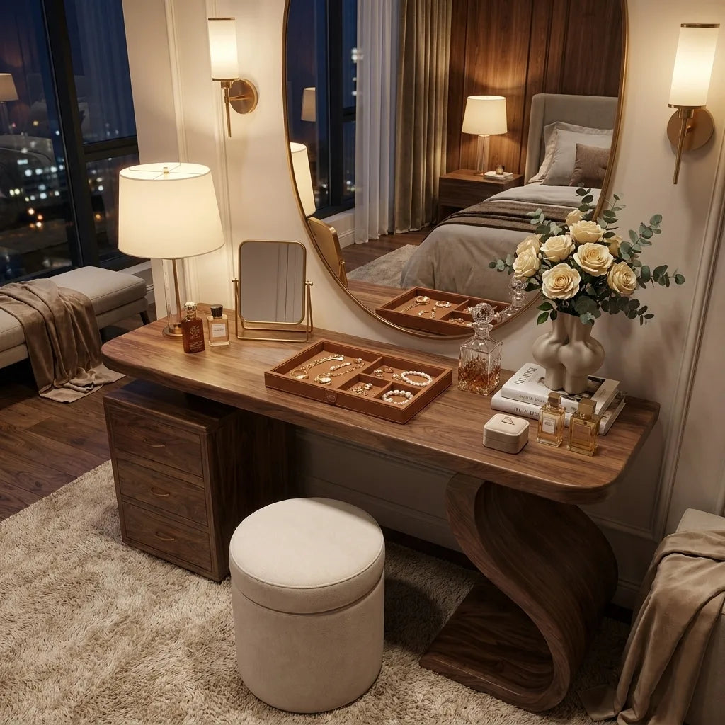 Sculptural Makeup Vanity S Curve Pedestal For Modern Bedroom