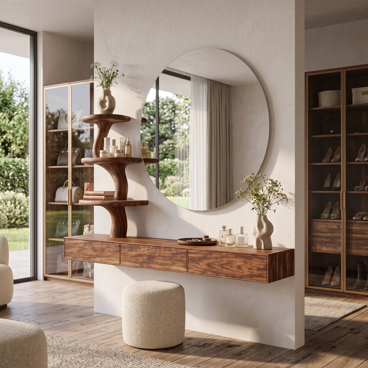Organic Floating Makeup Vanity With Tree Form Shelve For Bedroom
