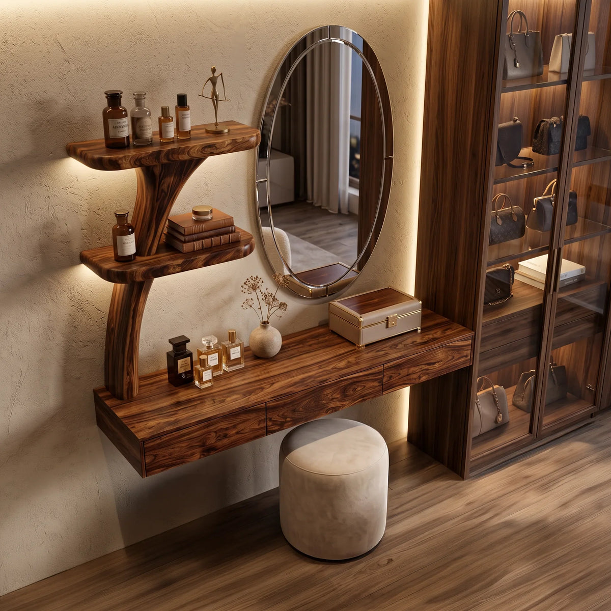Contemporary Wall Mounted Dressing Table Curved Tree Form Shelving For Bedroom