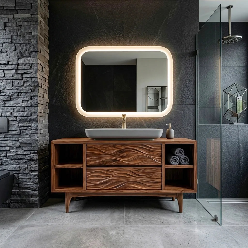 Modern Wave Carved Open Shelf Bathroom Vanity For Master Bathroom