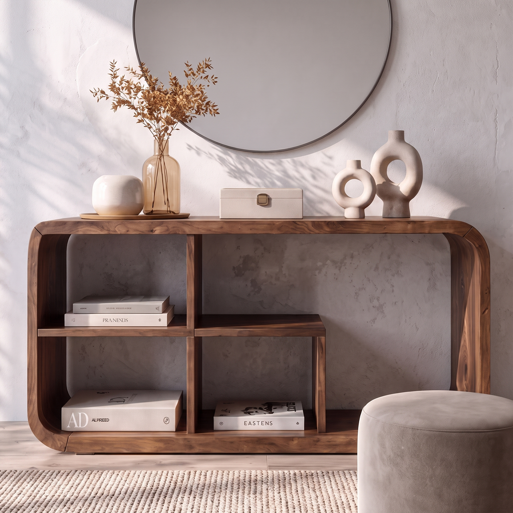 Modern Organic Console Table Sculptural Curved Design Open Storage For Entryway Living Room