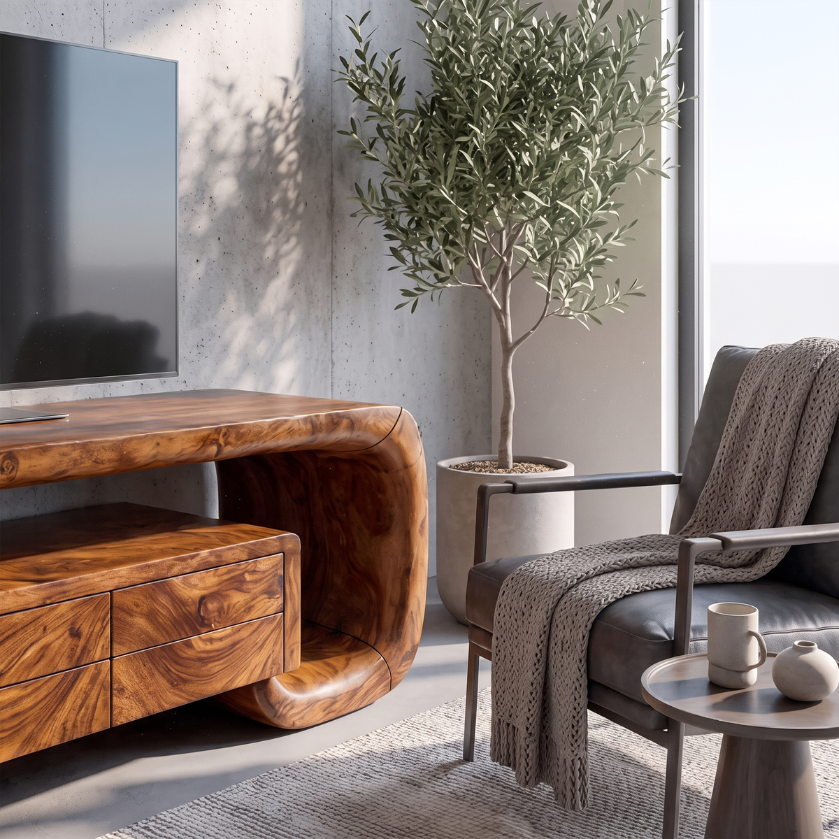 Organic TV Stand With Monolithic Wood Design For Living Room And Family Room