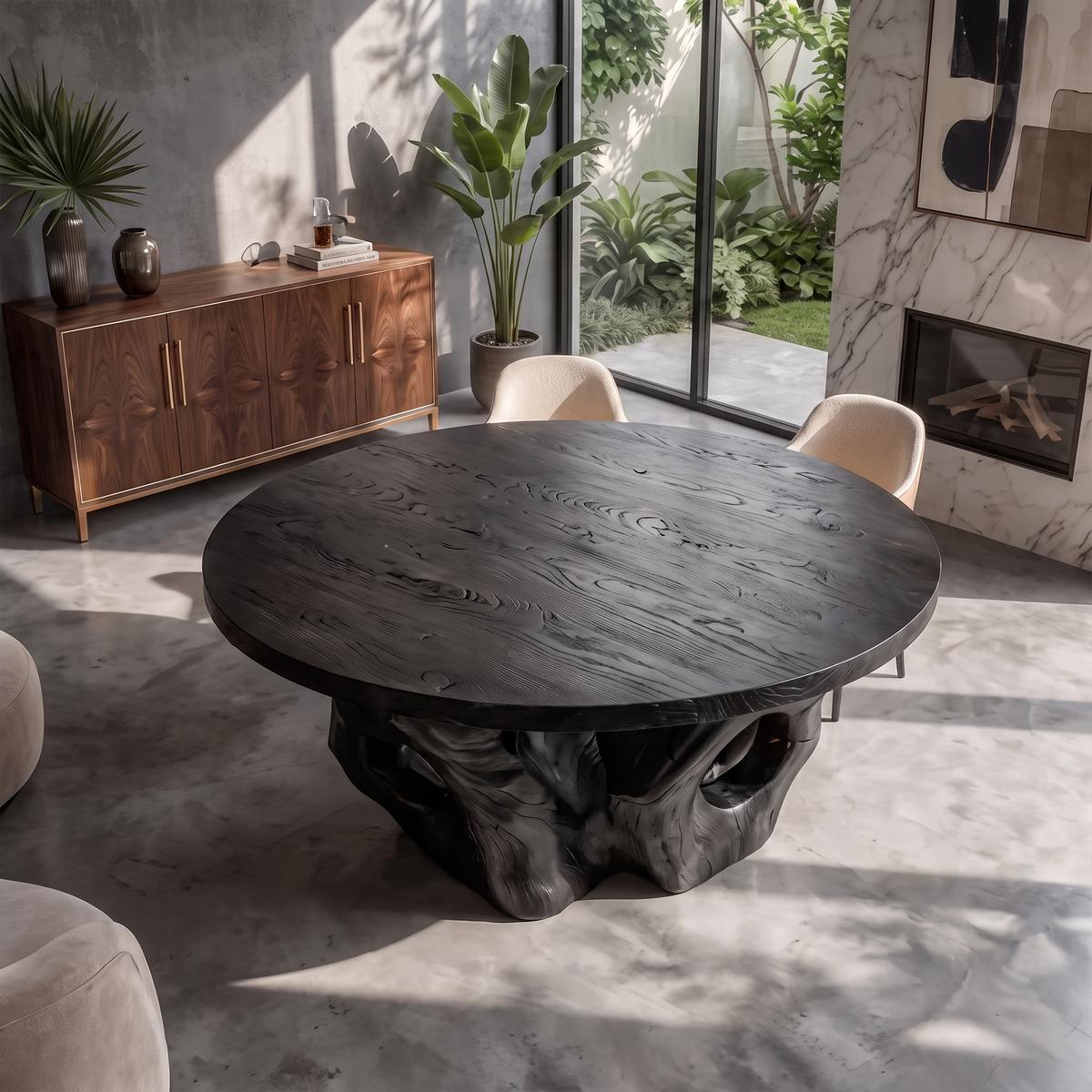 Modern Round Dining Table With Sculptural Open Form For Dining Room And Living Room
