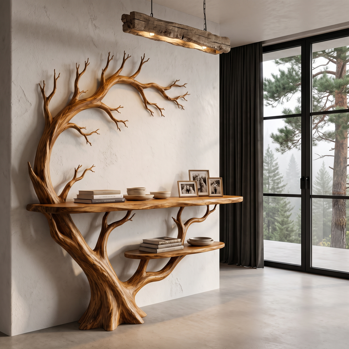 Organic Console Table With Tree Branch Shelf Design For Entryway And Living Room