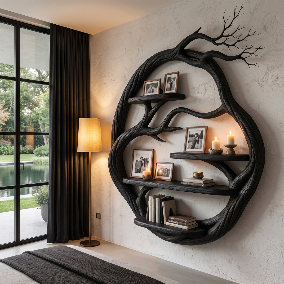 Organic Floating Shelf With Circular Tree Branch Design For Living Room And Home Office