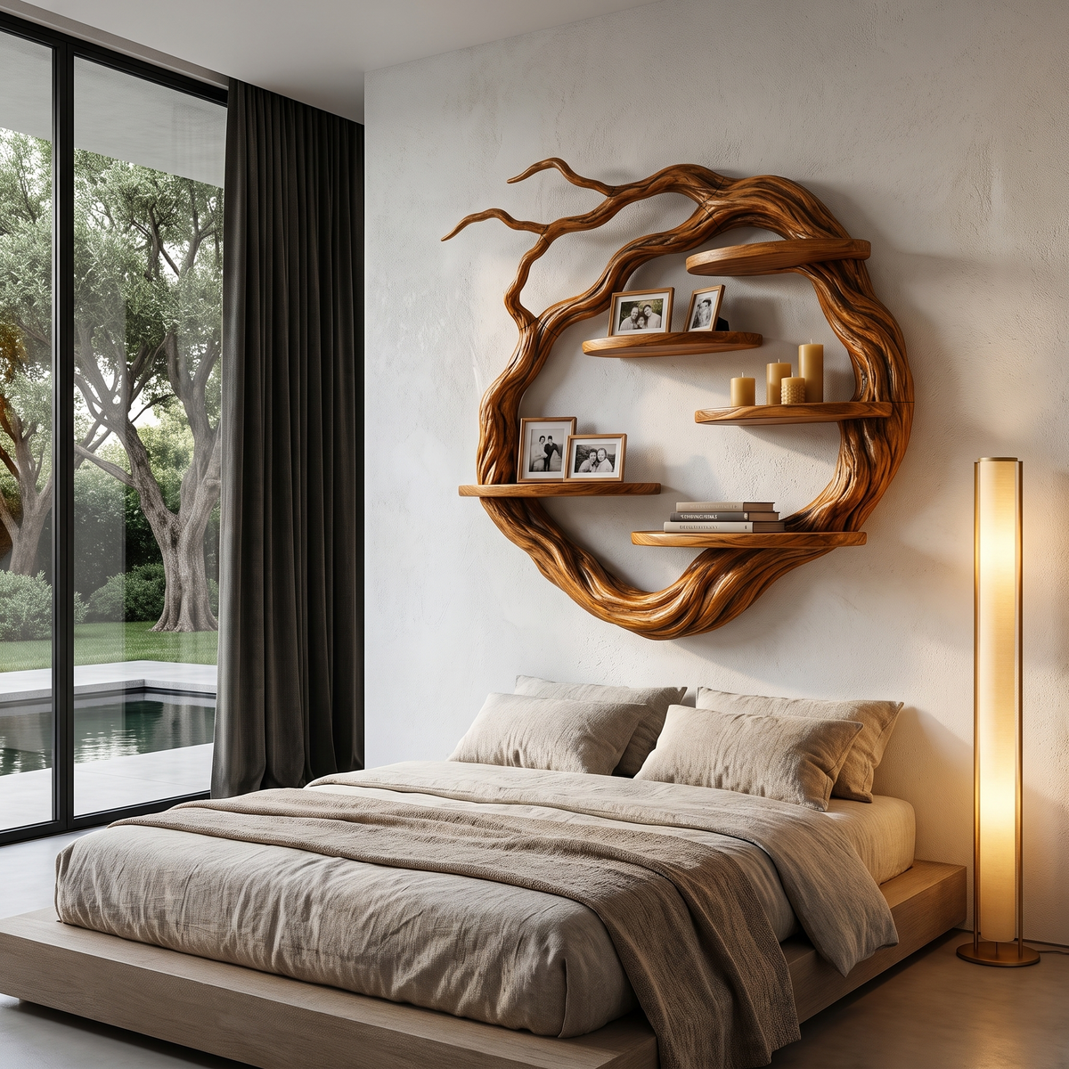 Natural Wall Mounted Shelf With Sculptural Tree Ring Design For Living Room And Reading NookSINLHAFL056