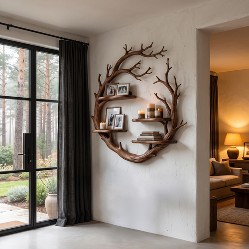 Contemporary Floating Shelf With Tree Branch Display Design For Living Room And Hallway