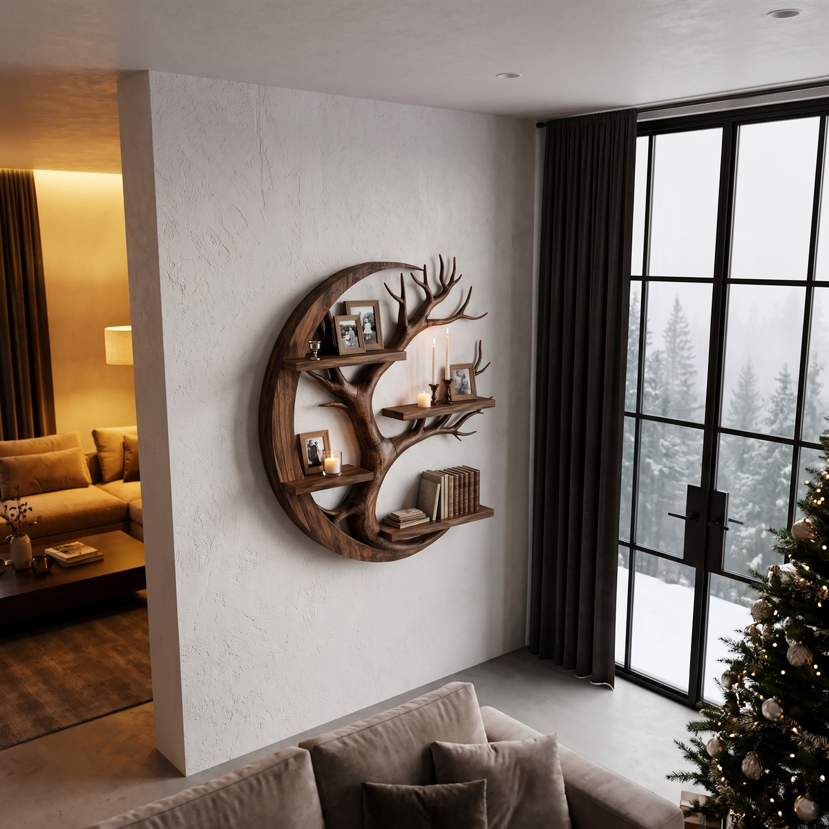 Rustic Floating Shelf With Tree Branch Wall Display For Living Room And Entryway
