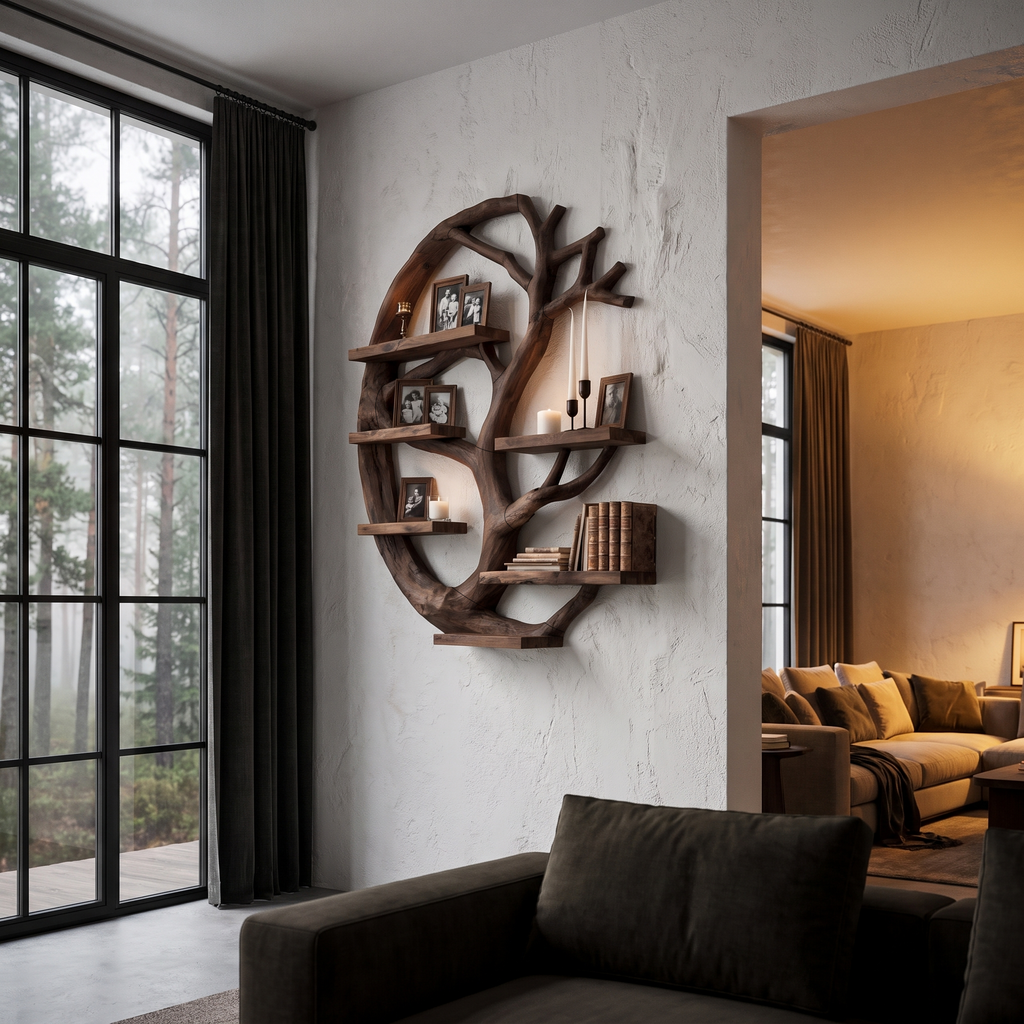 Modern Wall Mounted Shelf With Circular Tree Silhouette For Living Room And Bedroom