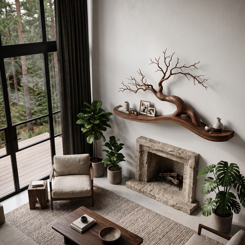 Organic Wall Mounted Shelf With Sculptural Tree Branch Design For Living Room And Bedroom