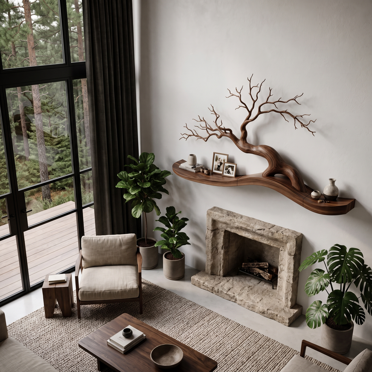 Organic Wall Mounted Shelf With Sculptural Tree Branch Design For Living Room And Bedroom