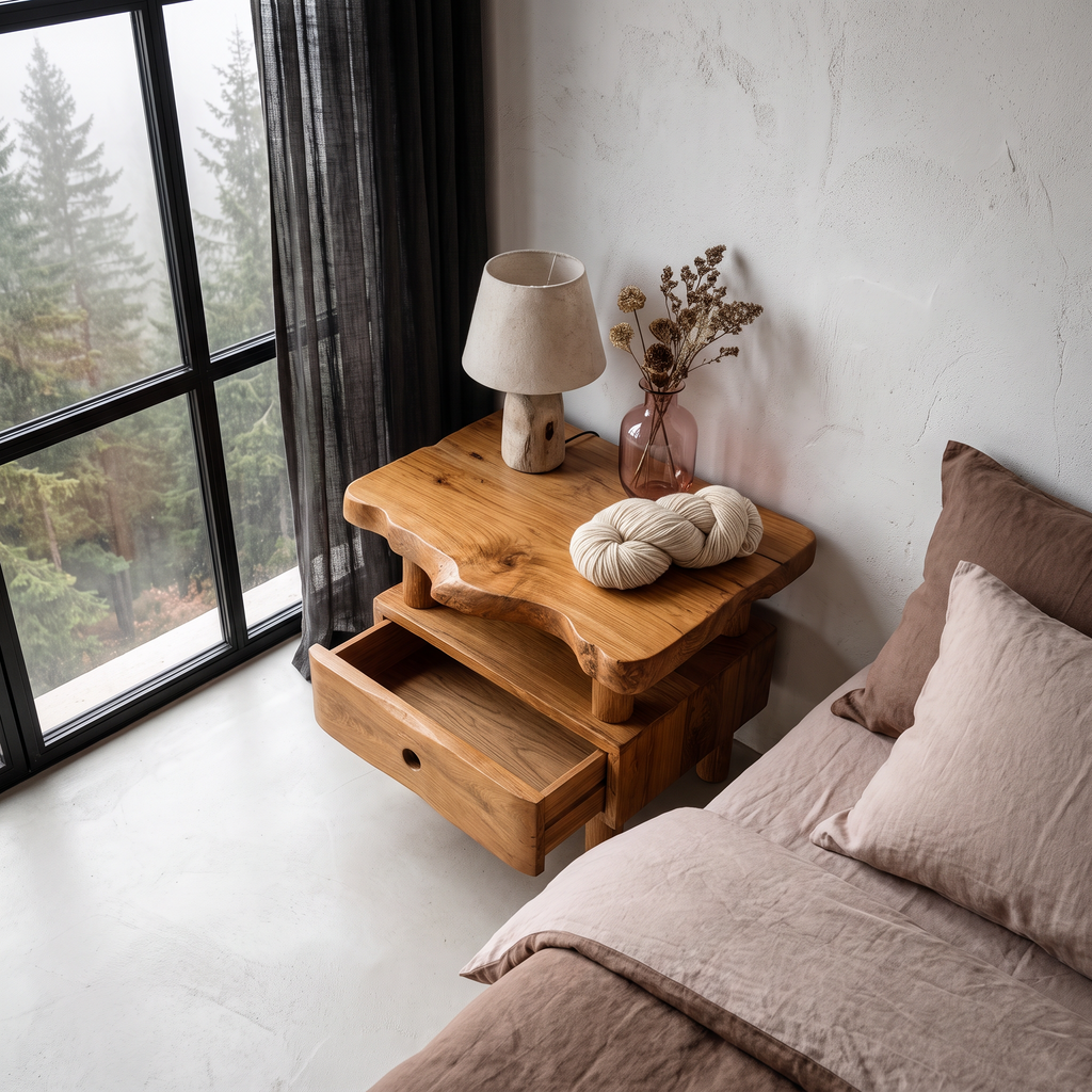 Organic Solid Wood Bedside Table With Open Shelf And Drawer