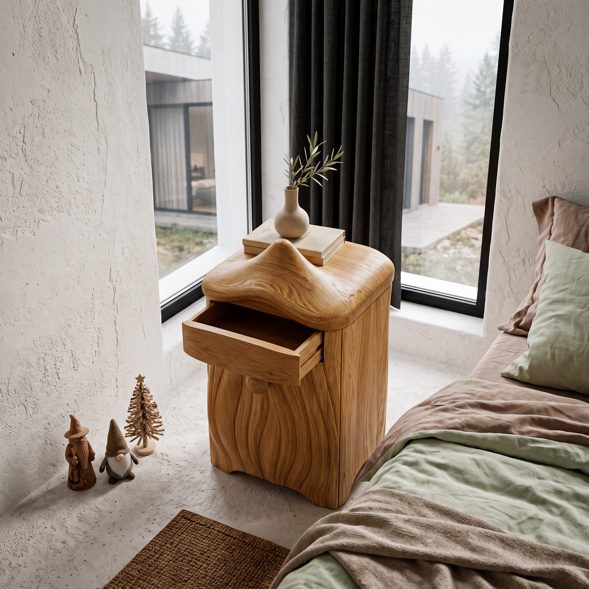 Minimalist Solid Wood Bedside Table With Artistic Door Design