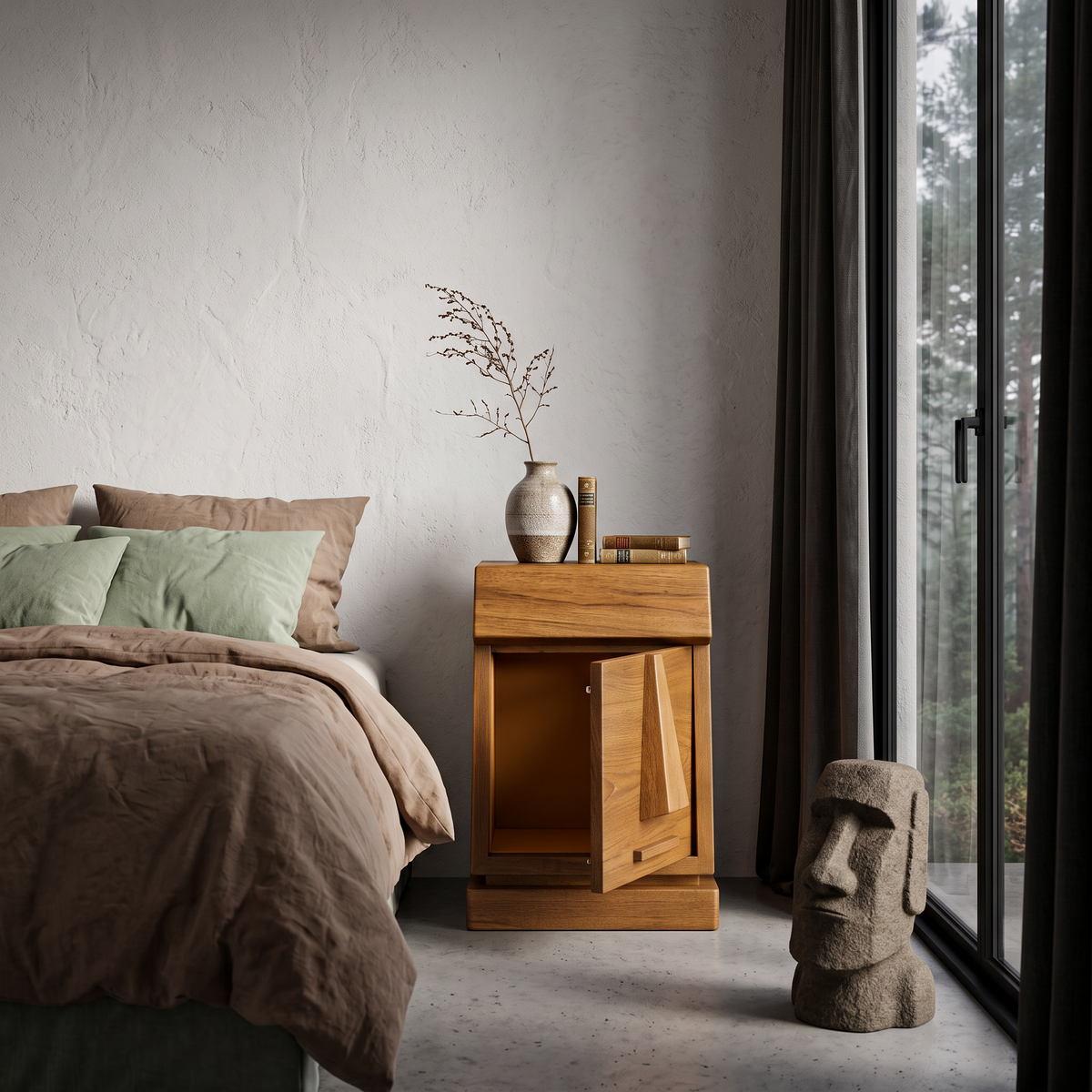 Rustic Solid Wood Bedside Table With Geometric Wooden Door