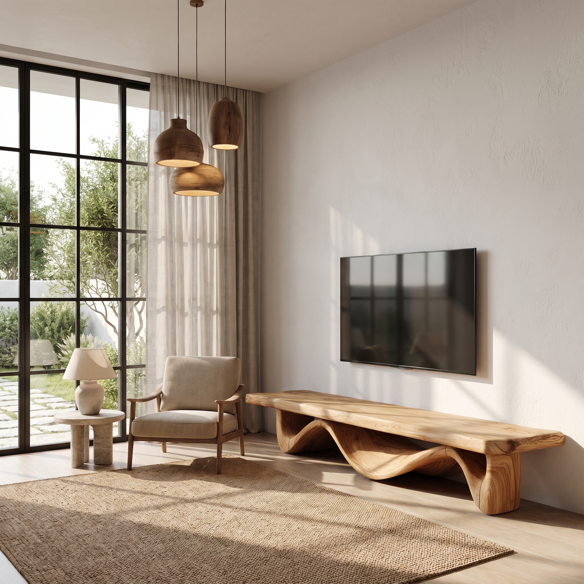 Organic Open Loop TV Cabinet Solid Wood Media Console For Living Room