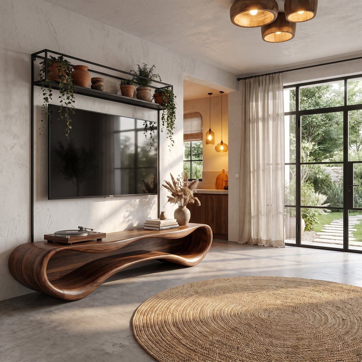 Modern Flowing Base TV Cabinet Wooden Media Unit For Living Room