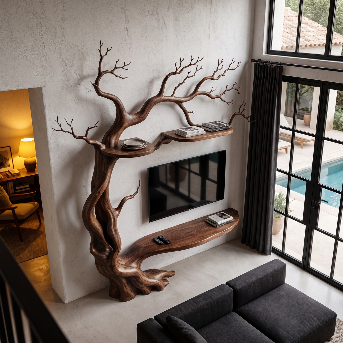 Organic Wall Mounted TV Stand With Sculptural Tree Branch Design For Living Room