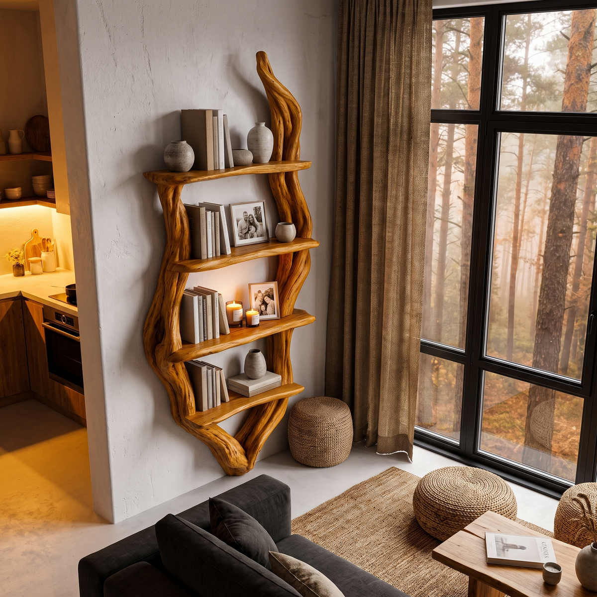 Rustic Wall Bookshelf Handcrafted Tree Branch Design For Living Room