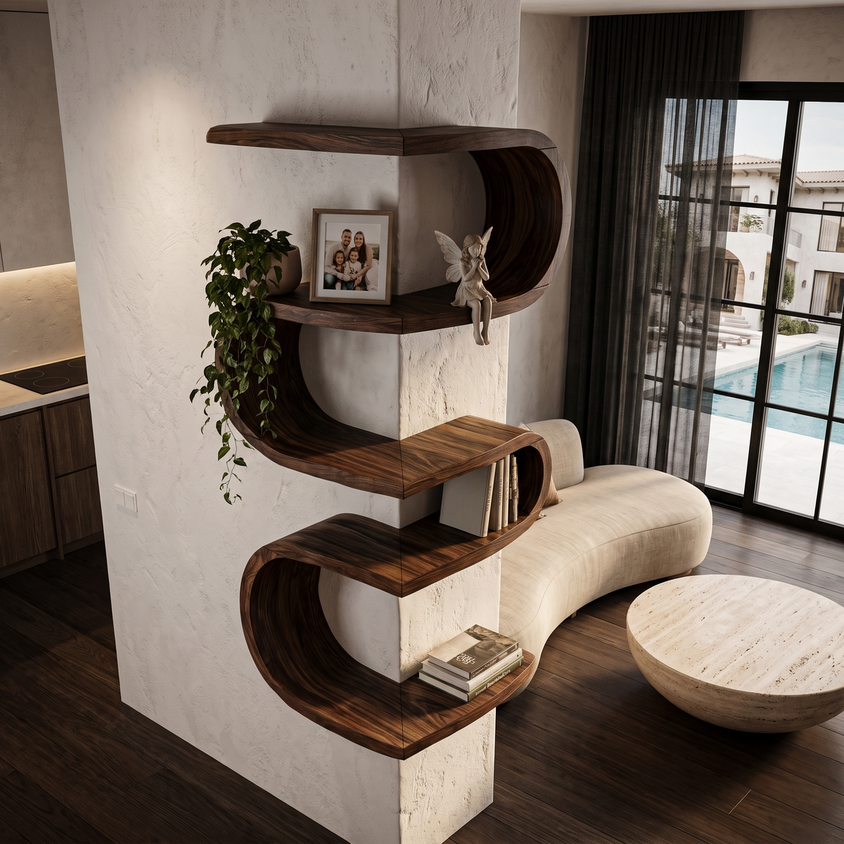 Sculptural Corner Wall Bookshelf Handcrafted Curved Design For Living Room